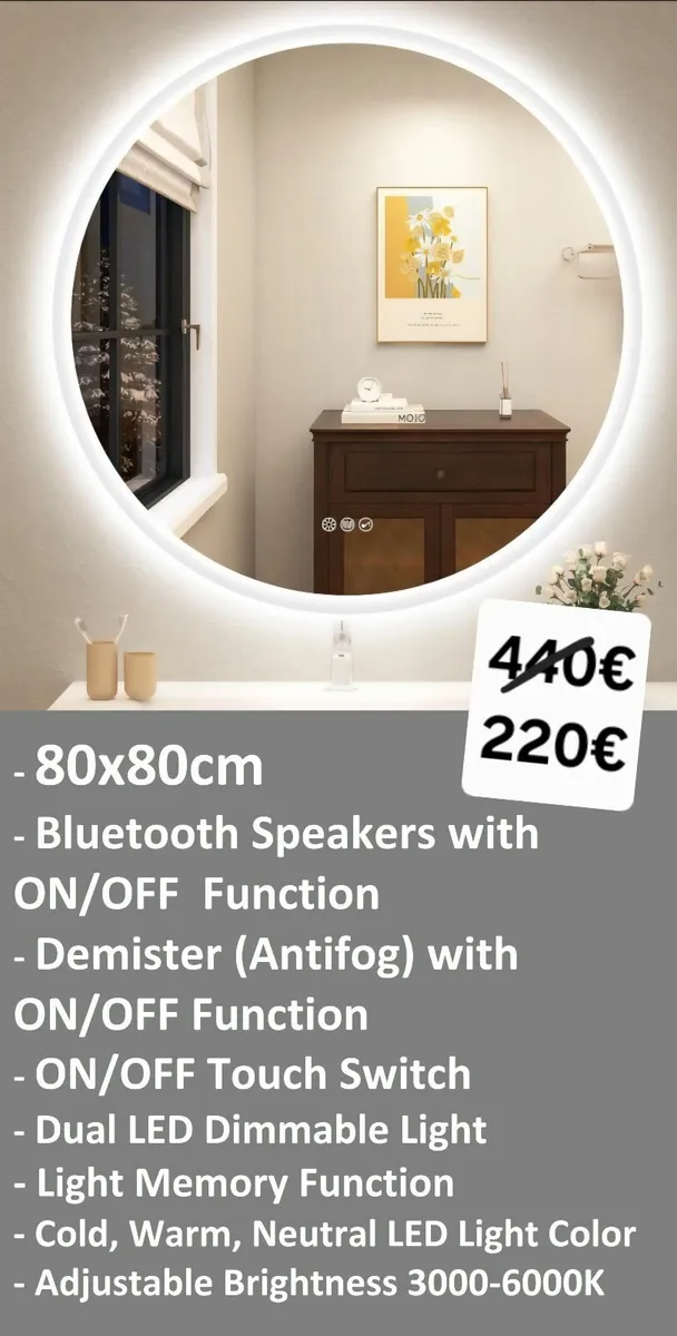 LED Bathroom Mirror Demister Defogger Bluetooth - Image 1