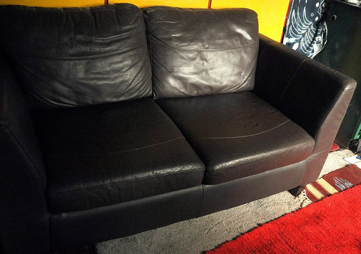 Couch, Brown Leather, Loveseat - Image 1