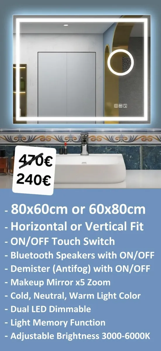 LED Bathroom Mirror Bluetooth Antifog - Image 2