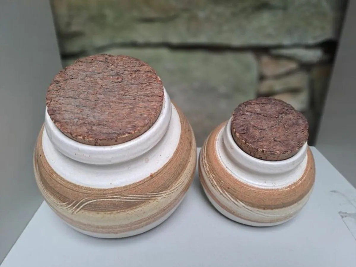 Vintage pottery canisters with Cork lids - Image 2