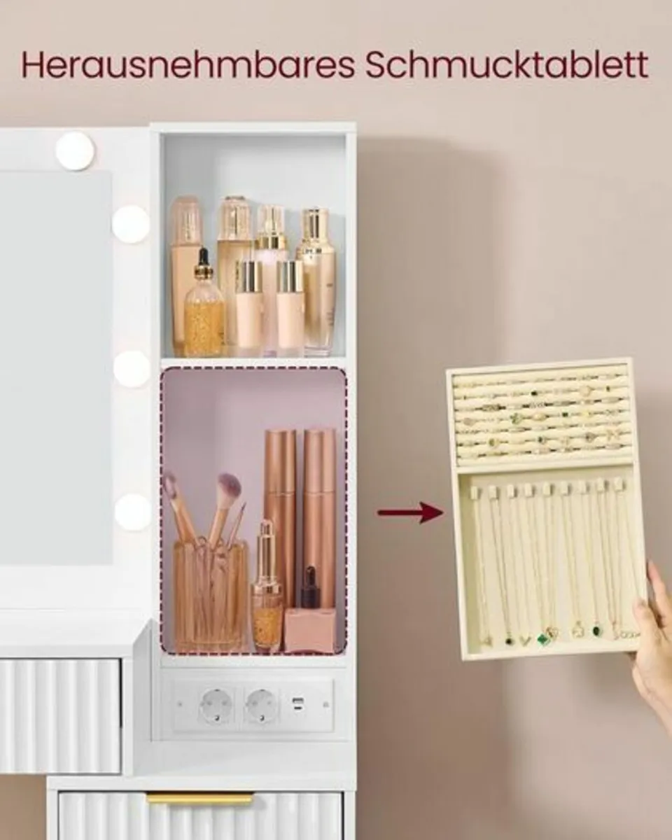 Dressing Table with LED Mirror, Drawers & Stool Wh - Image 4