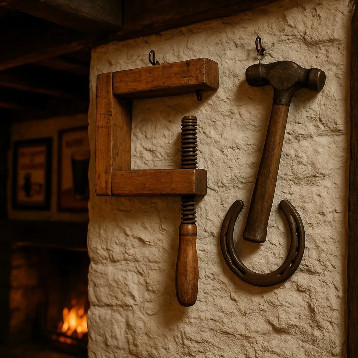 antique vintage TOOLS CLAMP wood cottage pub  cave - Image 1