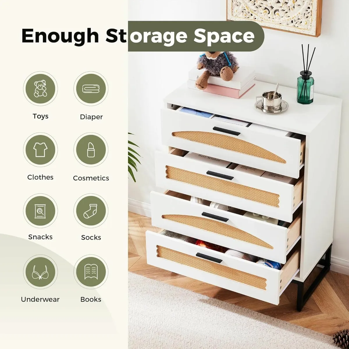 4 Drawers Rattan Dresser Easy to Assemble Closet - Image 4