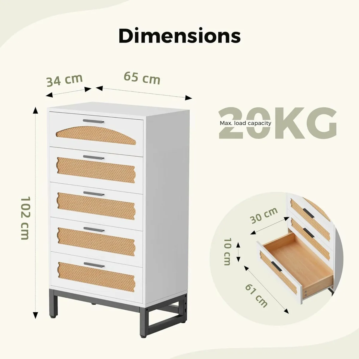 5 Drawers Rattan Dresser Rattan Chest of Drawers - Image 3