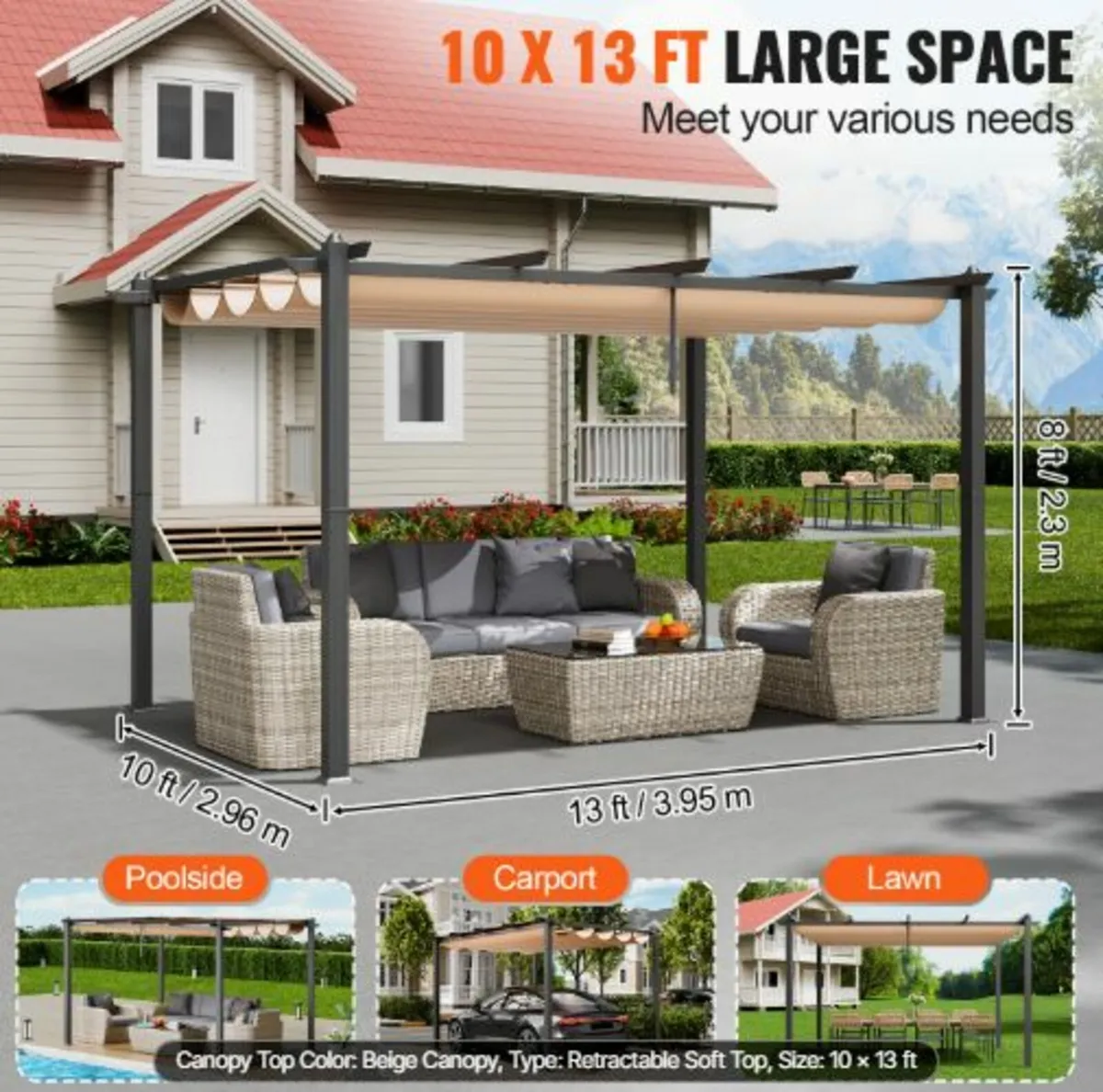 10'x13' Outdoor Retractable Pergola with Canopy, - Image 3