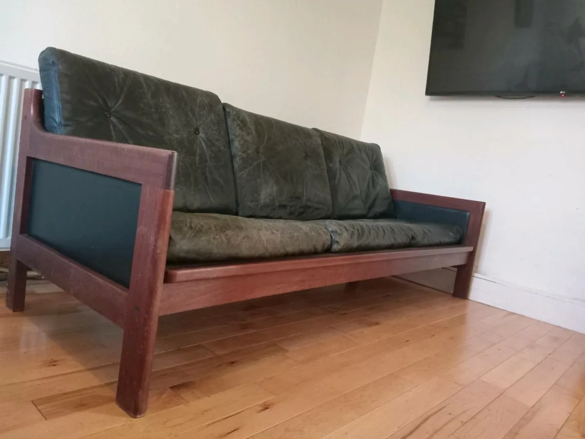 mid century modern danish teak and leather sofa - Image 1
