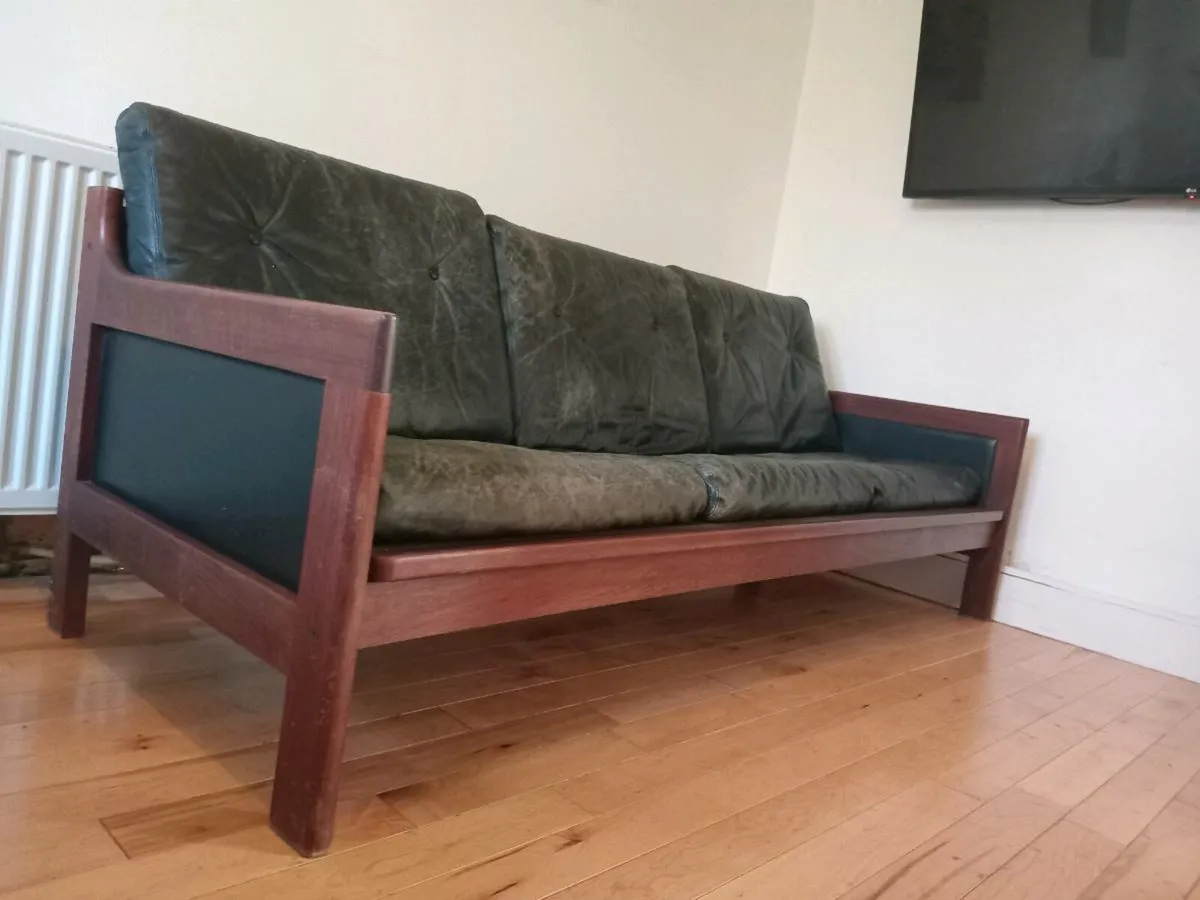 mid century modern danish teak and leather sofa - Image 2