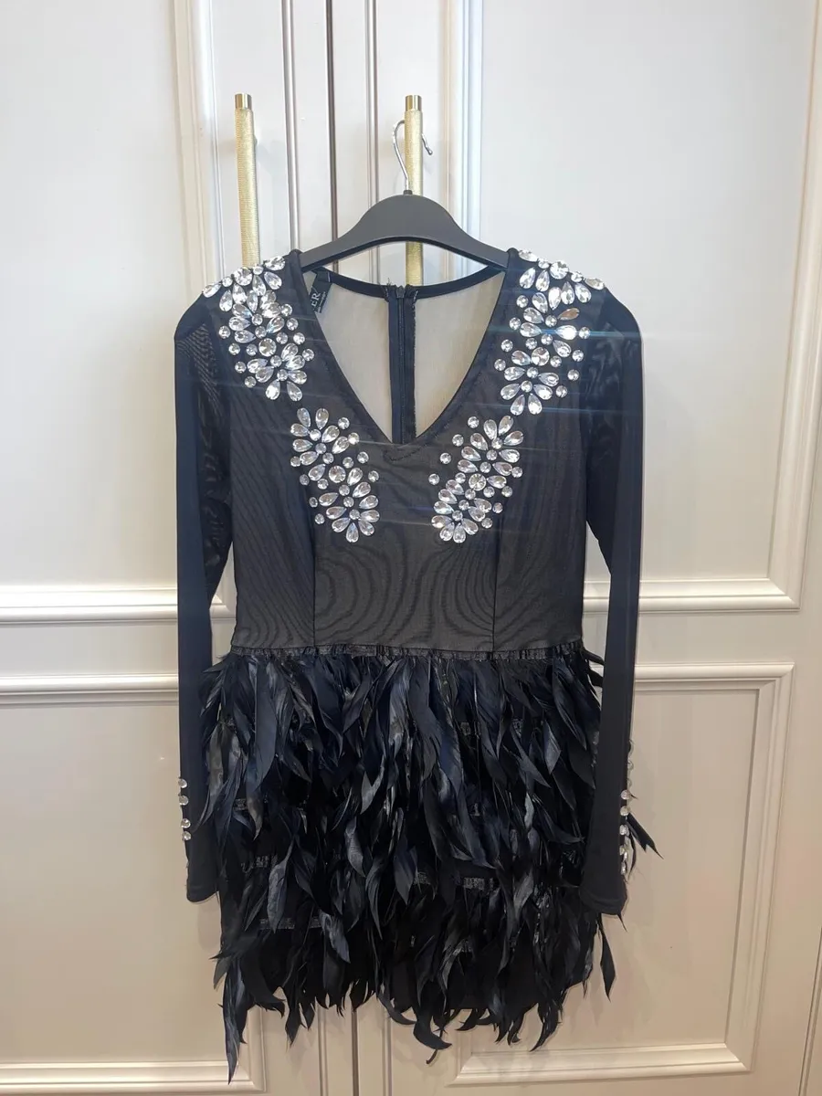 Dress black feather diamonte - Image 1