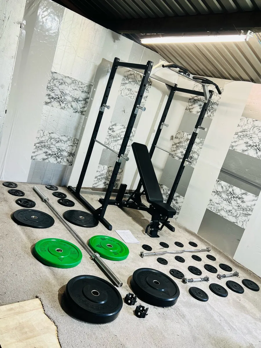 COMPLETE HOME GYM RACK BENCH BARBELL DUMBBELLS - Image 1