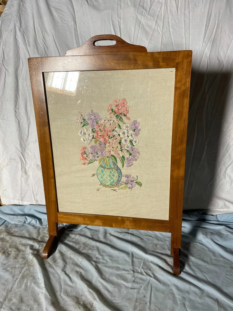 Antique Oak Framed Fire Screen with Embroidery - Image 1