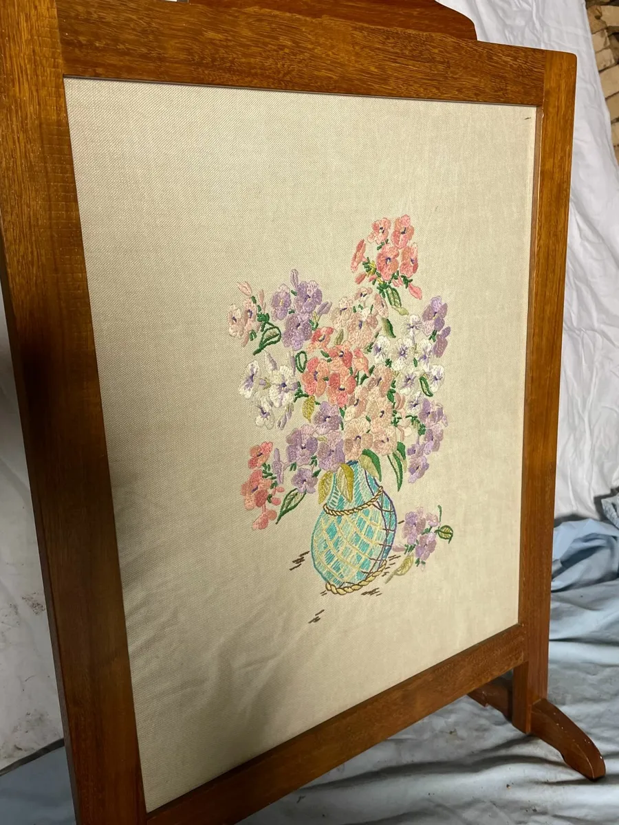 Antique Oak Framed Fire Screen with Embroidery - Image 2