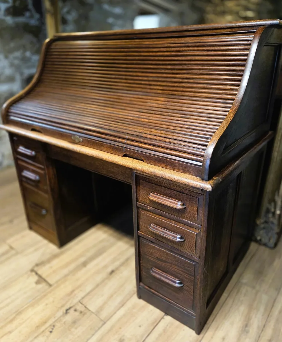 Large Edwardian Oak Roll Top Desk- Circa 1905 - Image 1