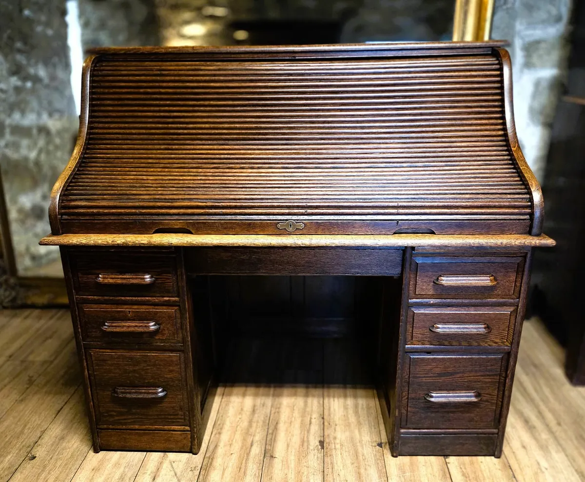 Large Edwardian Oak Roll Top Desk- Circa 1905 - Image 2