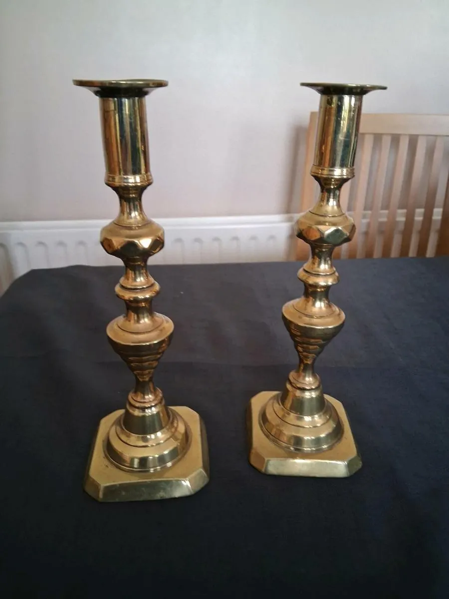 2 Tall Brass Candlestick Holders - Image 1