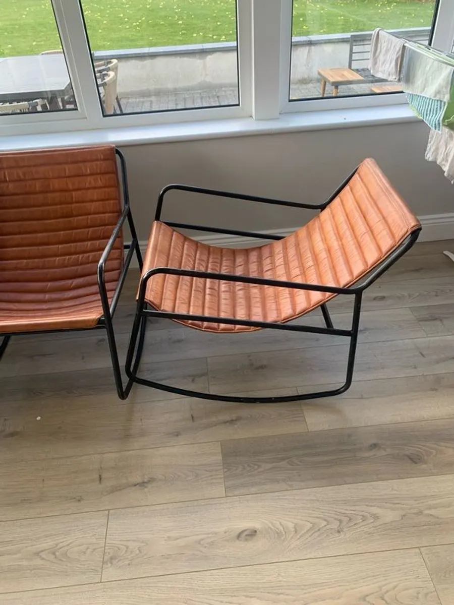 Pair of Light Brown Leather & Metal Frame Rocking Chairs, Stylish & Comfortable - Image 1