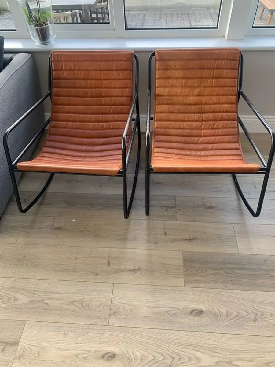 Pair of Light Brown Leather & Metal Frame Rocking Chairs, Stylish & Comfortable - Image 2