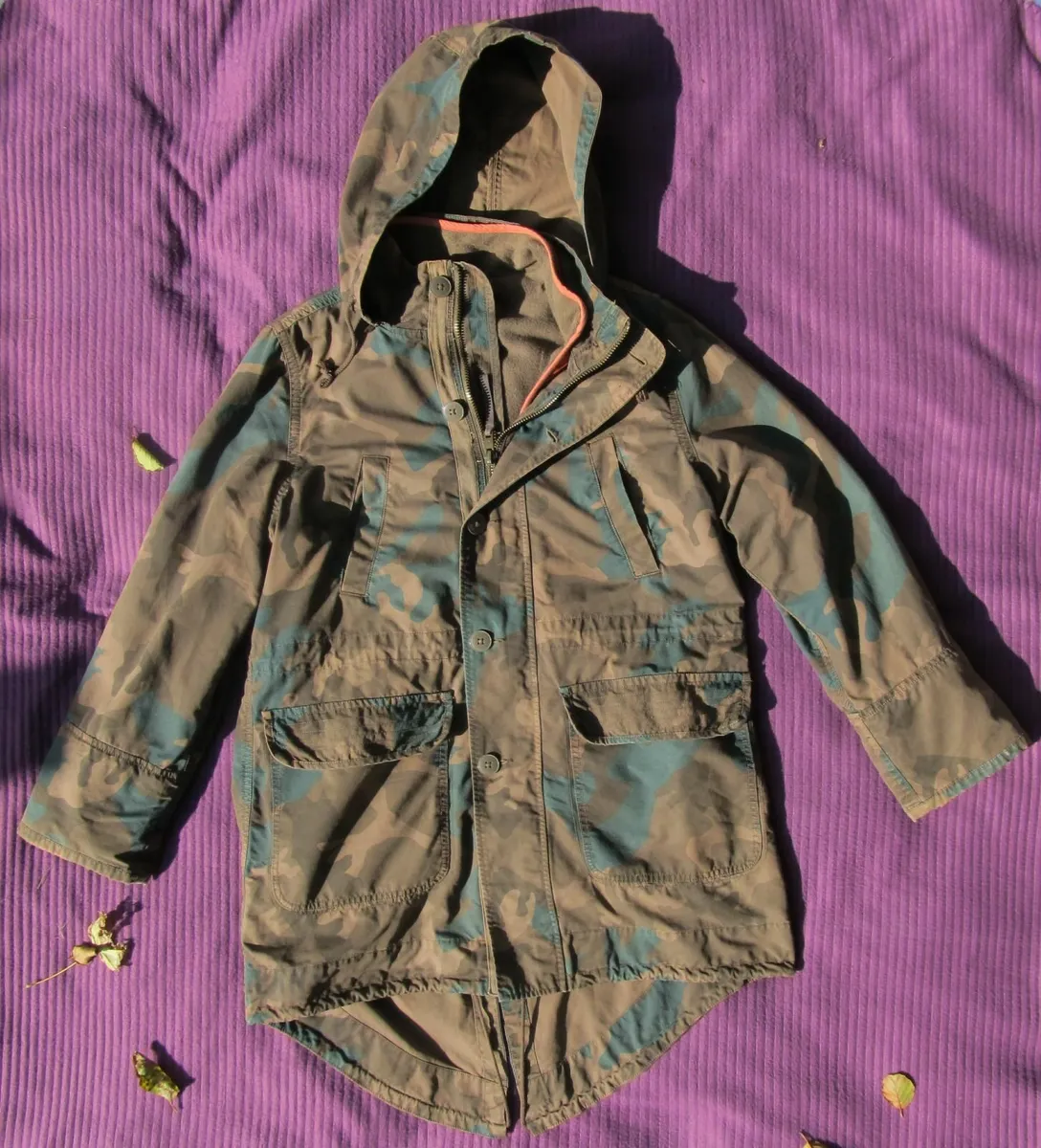 DKNY Jeans Camouflage Fishtail Parka, Size M - Image 1