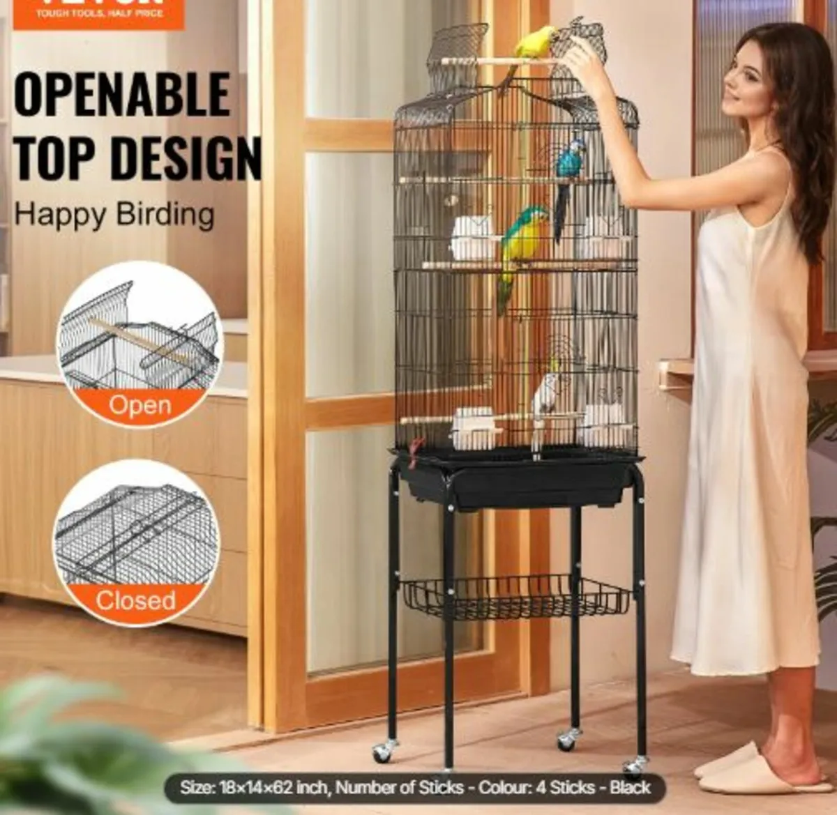 Large Bird Cage, 62 in, Open Top Parakeet Cage - Image 2