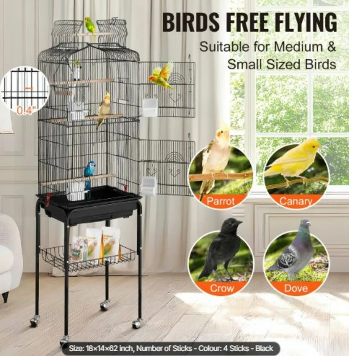 Large Bird Cage, 62 in, Open Top Parakeet Cage - Image 4