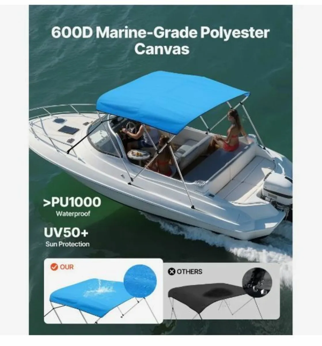 3 Bow Boat Bimini Top, 600D Polyester Canopy - Image 2