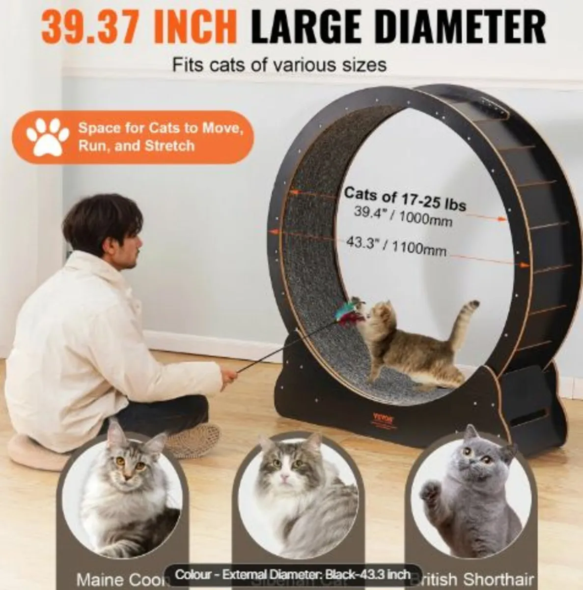 Wooden Cat Exercise Wheel,43.3"Large Cat Treadmil - Image 2