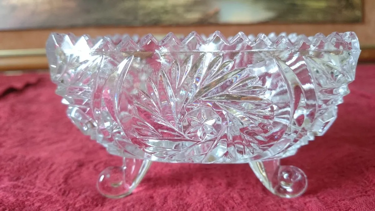 Triangular Cut Crystal Glass Footed Jewelry Dish - Image 1