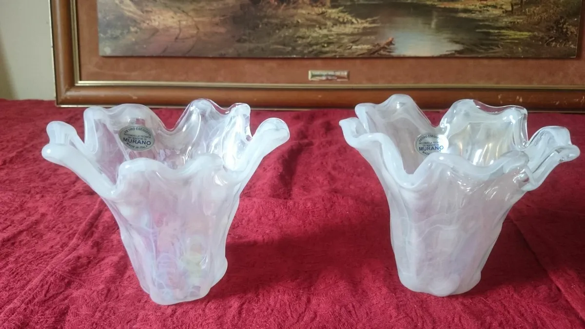 Pair Of Original Murano Glass Pearl Lustre Vases - Image 1