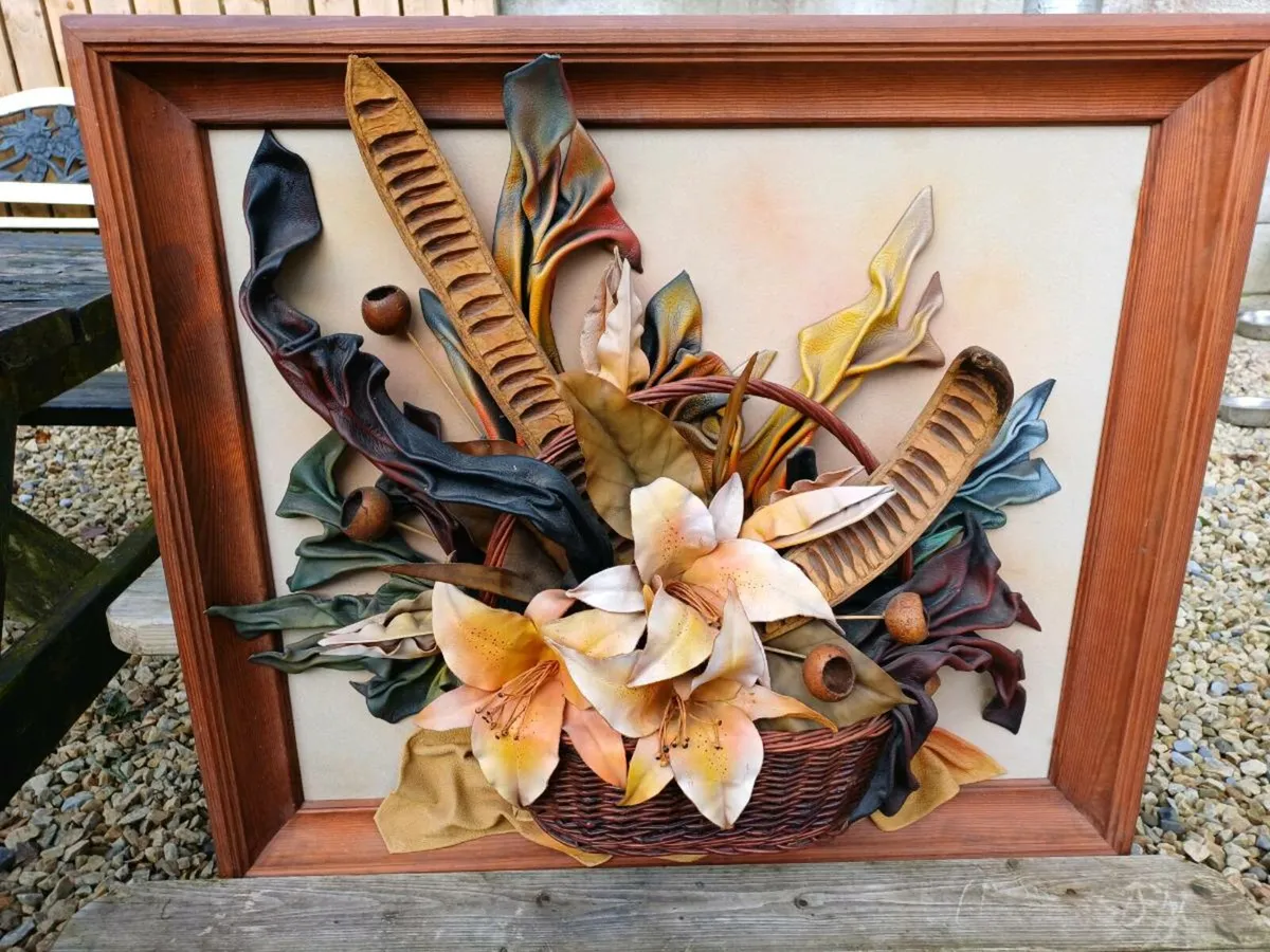 Vintage Leather Floral Artwork Picture - Image 2