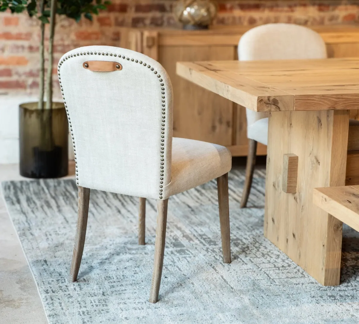 Beige Linen, Leather and Oak Dining Chairs - Image 3