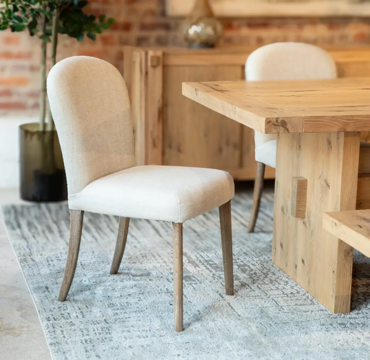 Beige Linen, Leather and Oak Dining Chairs - Image 4