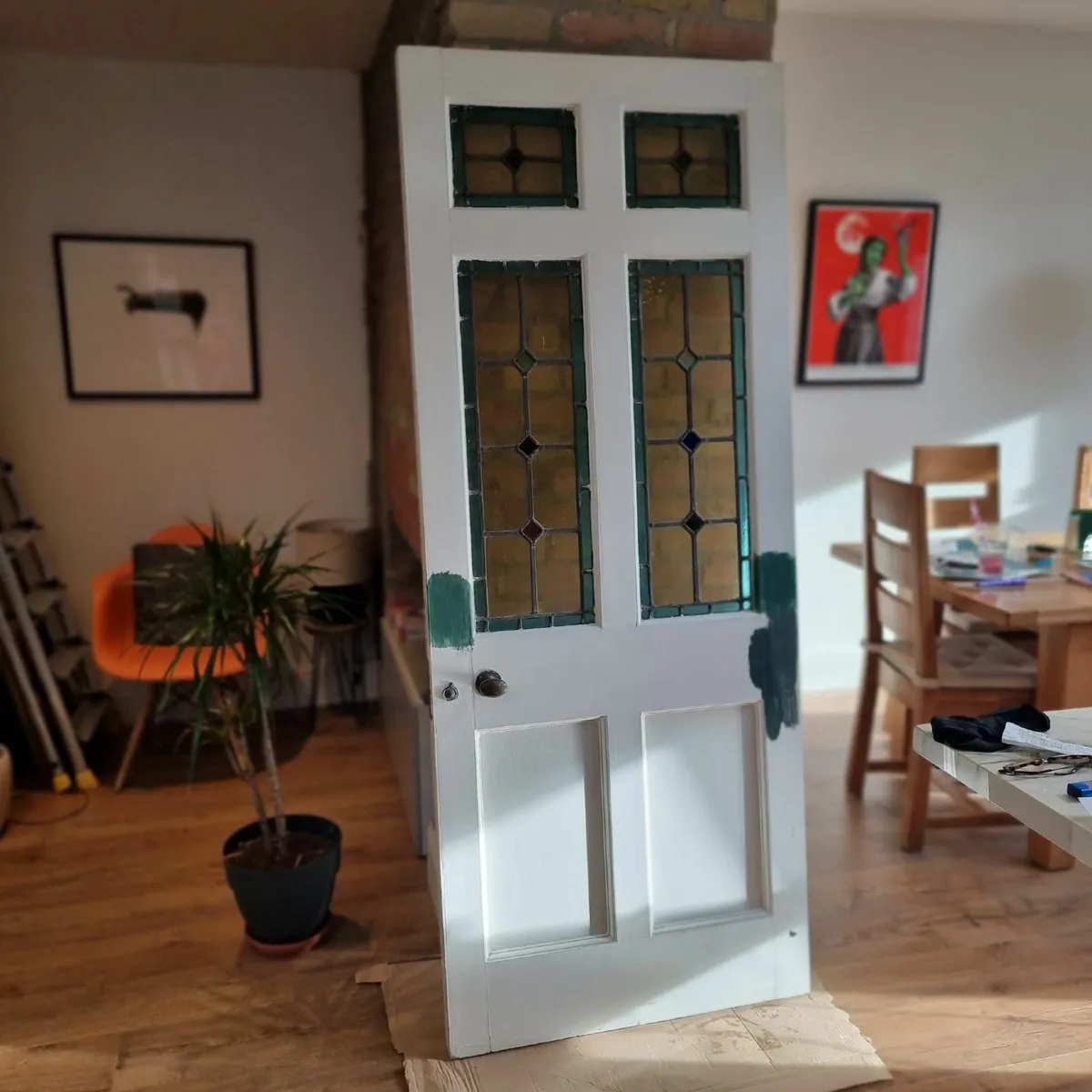 Old wooden door with stained glass - Image 1