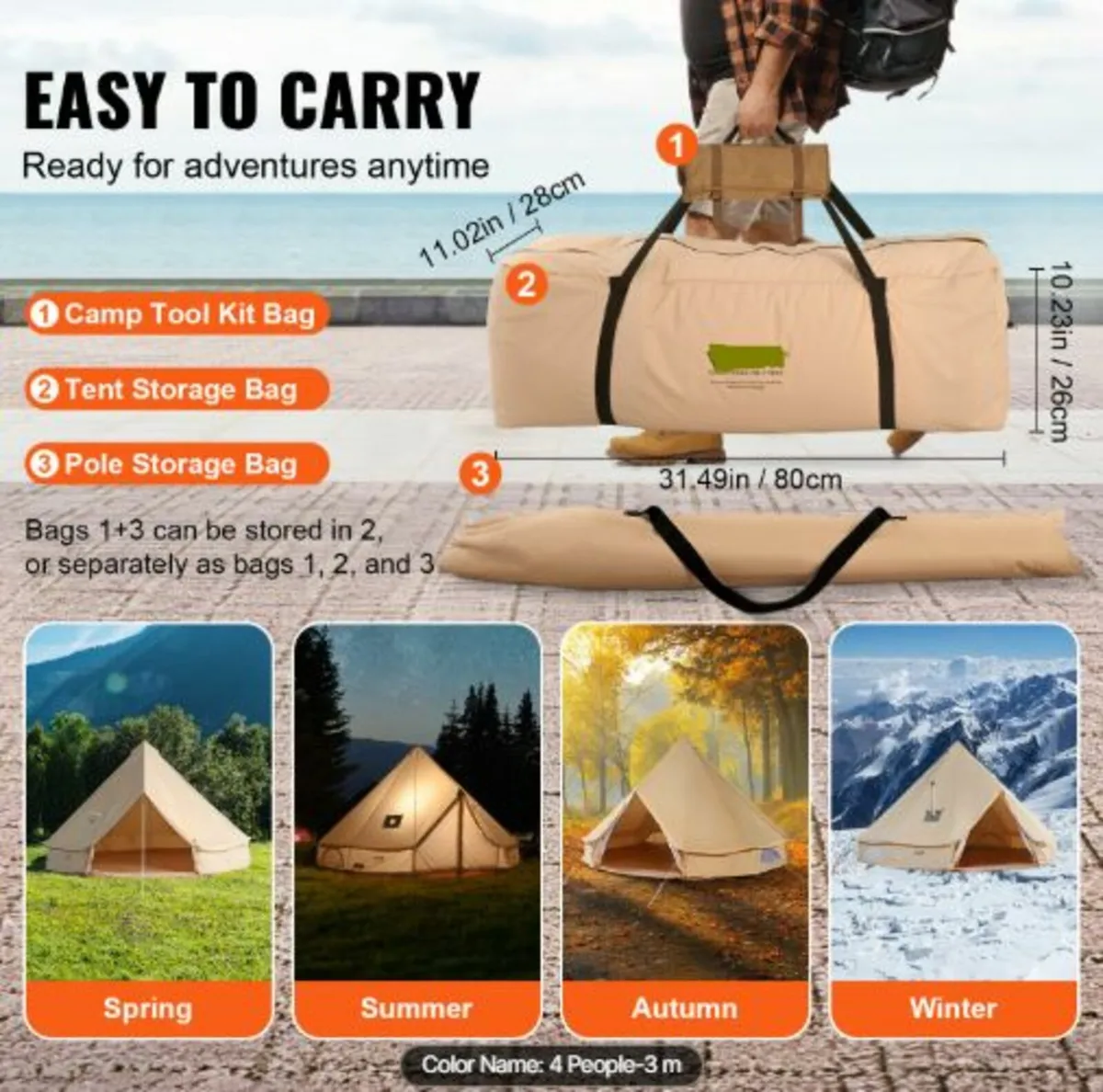 Canvas Bell Tent, 4 Seasons 3 m/9.8ft Yurt Tent, - Image 4