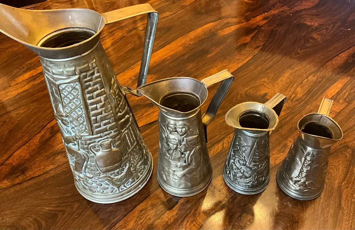 Set of 4 Antique Brass Embossed Pitchers - Image 2