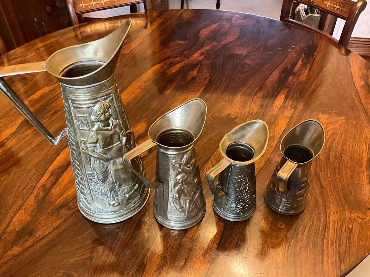 Set of 4 Antique Brass Embossed Pitchers - Image 4