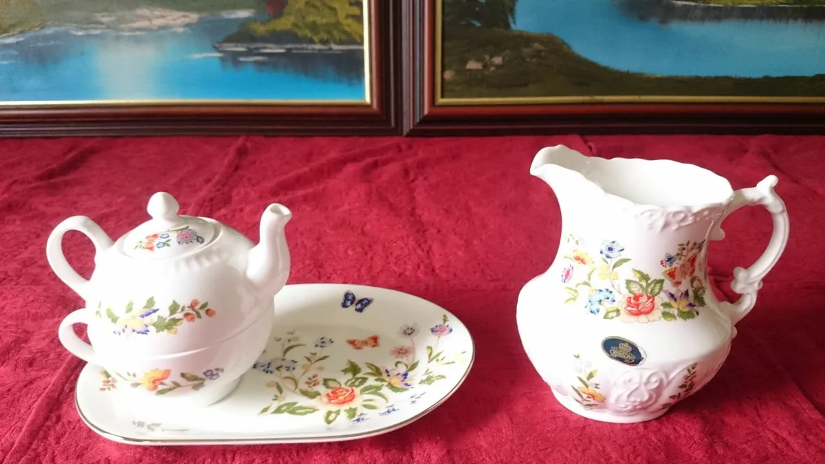 4Pc.Aynsley Cottage Garden Teapot,Cup,Tray,Pitcher - Image 1