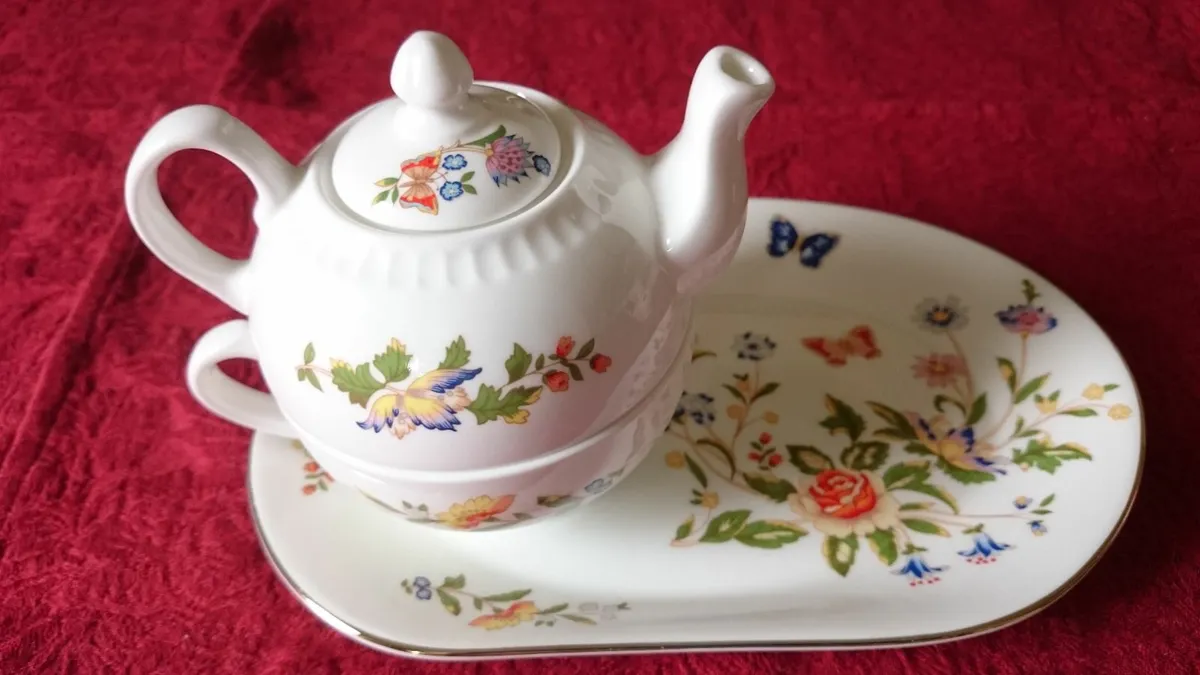 4Pc.Aynsley Cottage Garden Teapot,Cup,Tray,Pitcher - Image 3