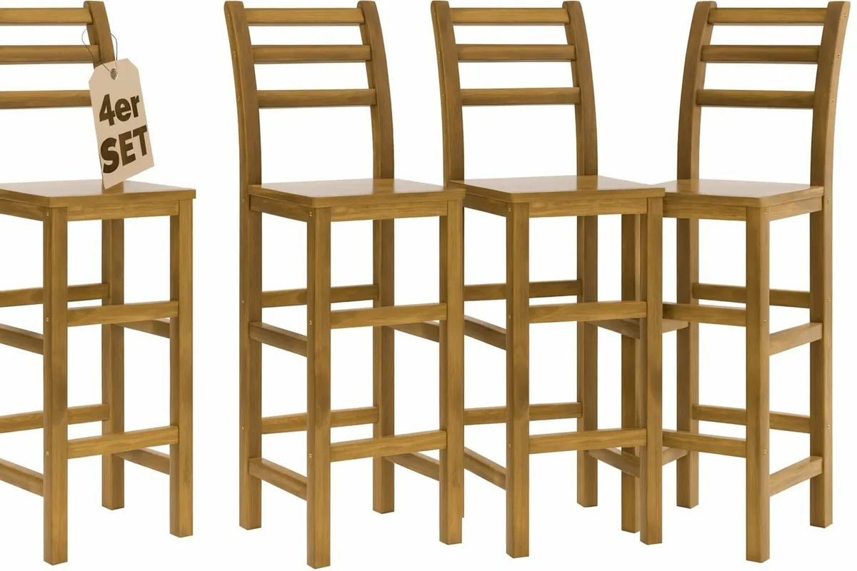 Set of 4 Bar Stools with Backrest Solid Acacia Woo - Image 1