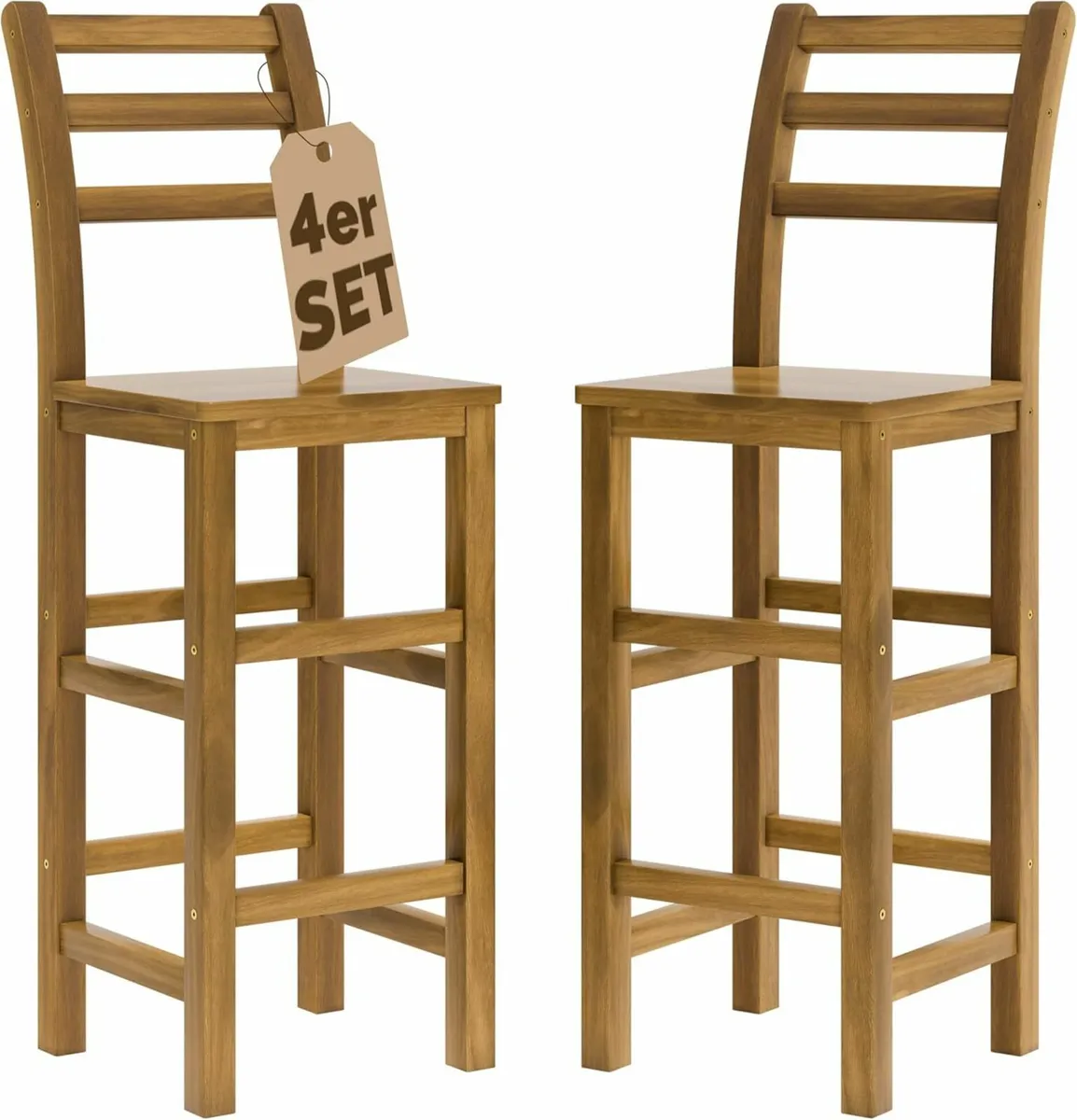 Set of 4 Bar Stools with Backrest Solid Acacia Woo - Image 2