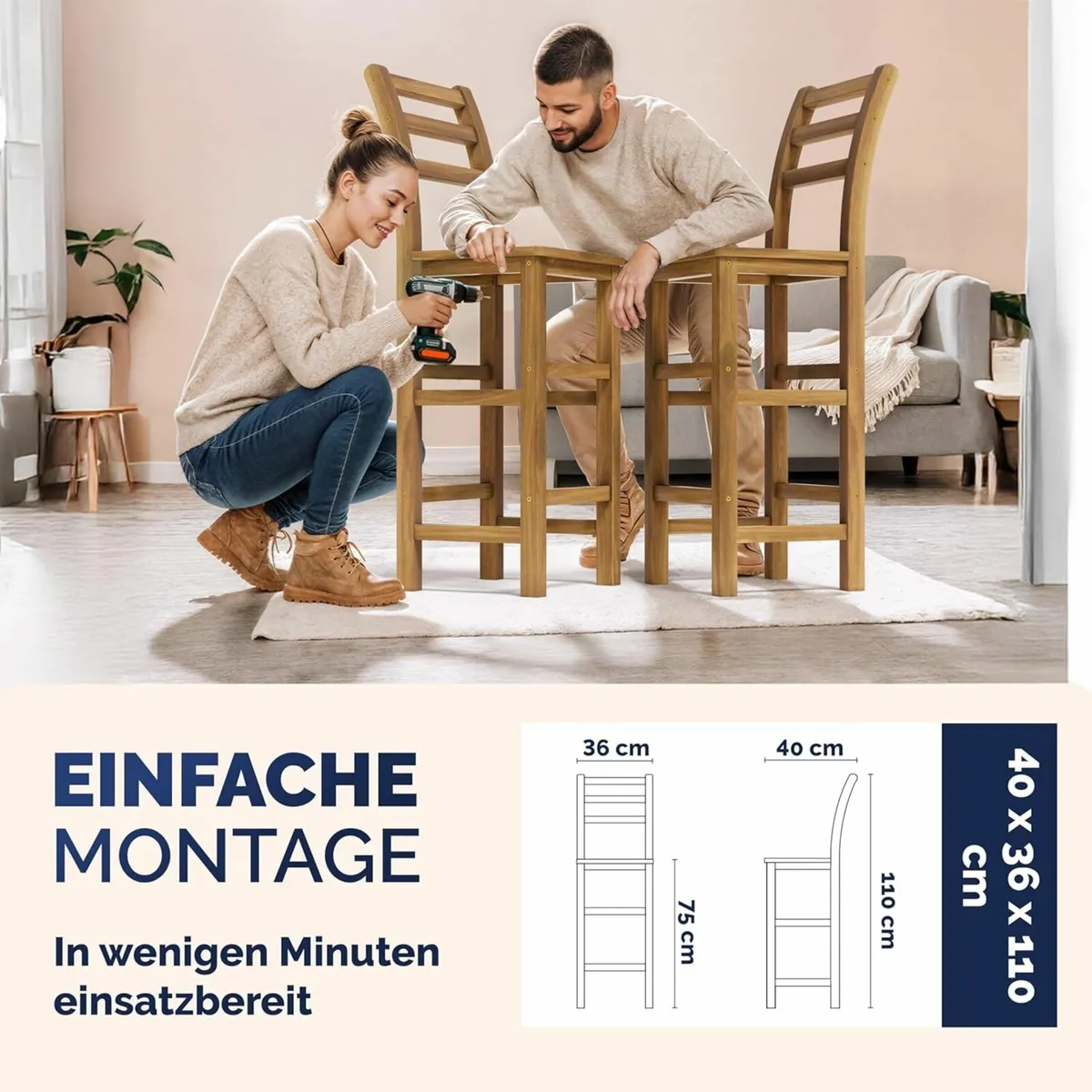 Set of 4 Bar Stools with Backrest Solid Acacia Woo - Image 4