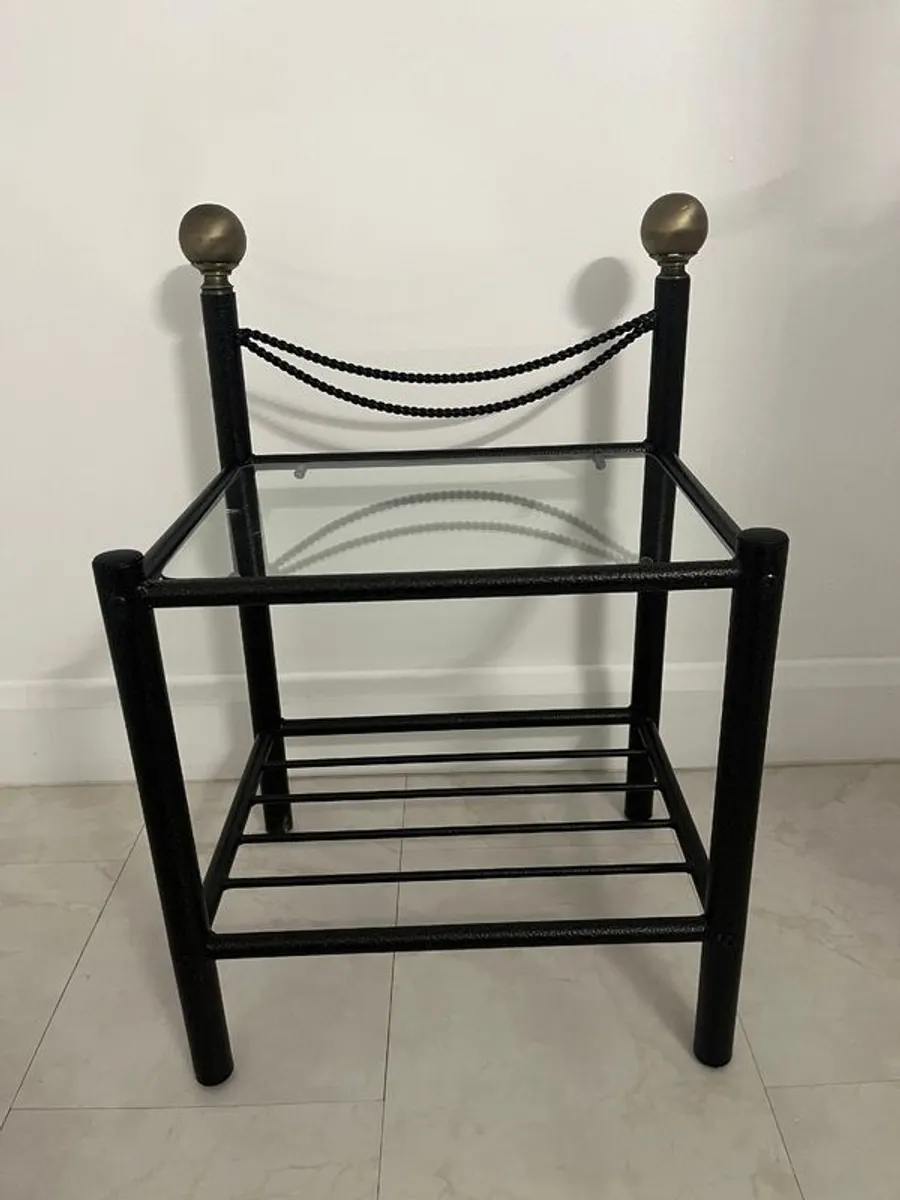 Cast iron lamp table / bedside locker with glass top.