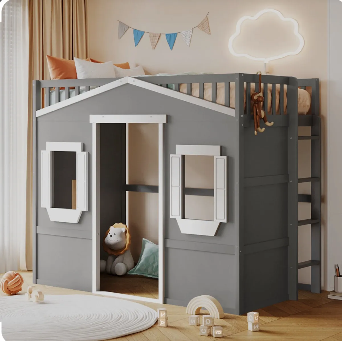 2x Solid Wood House Loft Bed