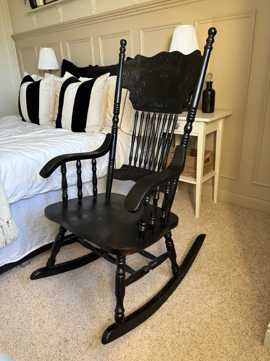 Vintage Black Carved Rocking Chair - Image 1