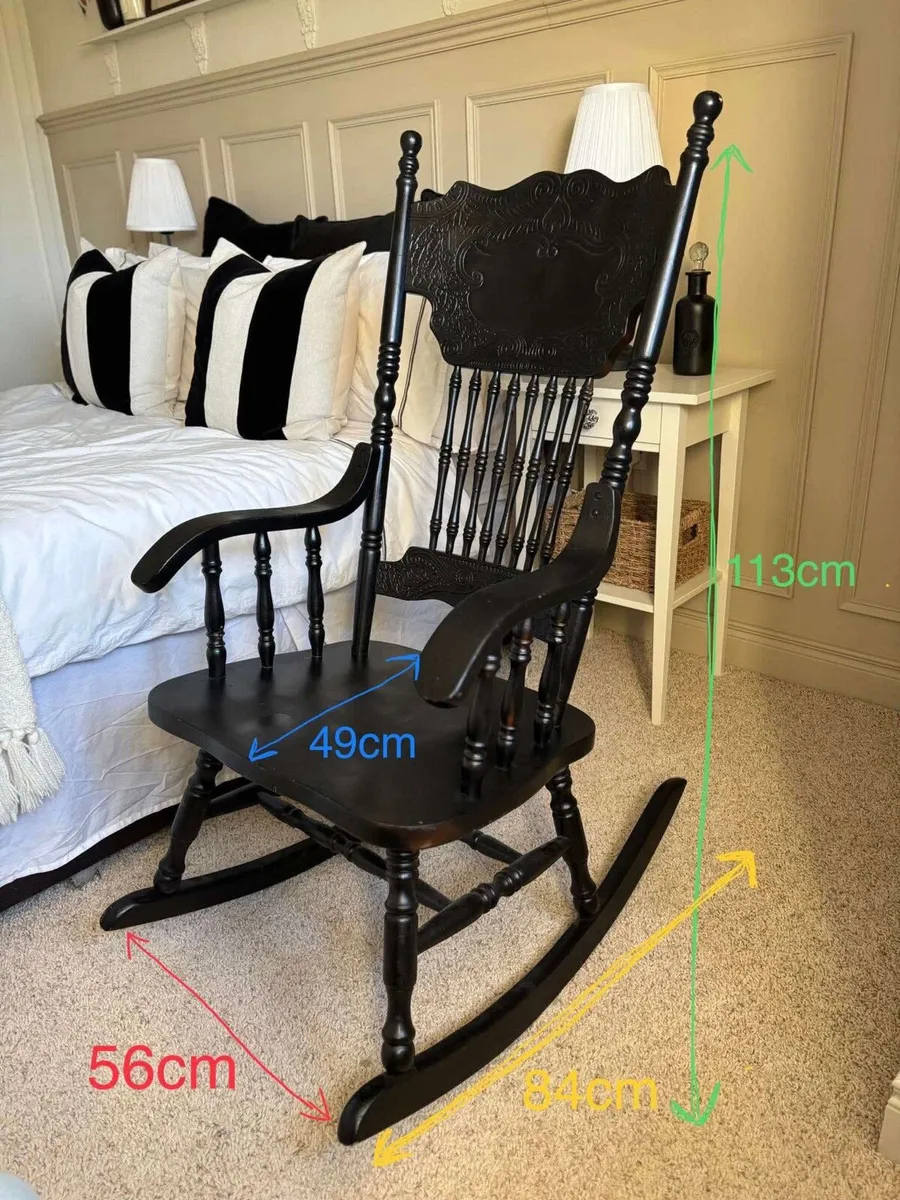 Vintage Black Carved Rocking Chair - Image 2