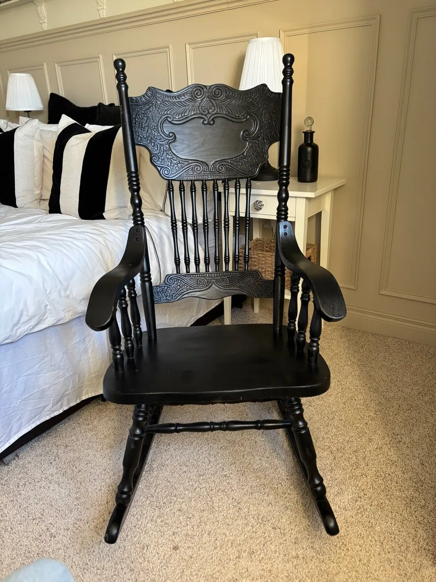 Vintage Black Carved Rocking Chair - Image 3