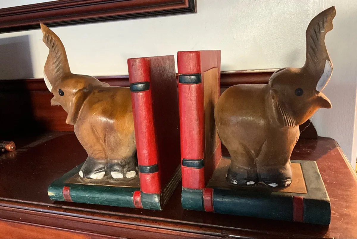 Vintage Wooden Elephant & Books Bookends - Image 2