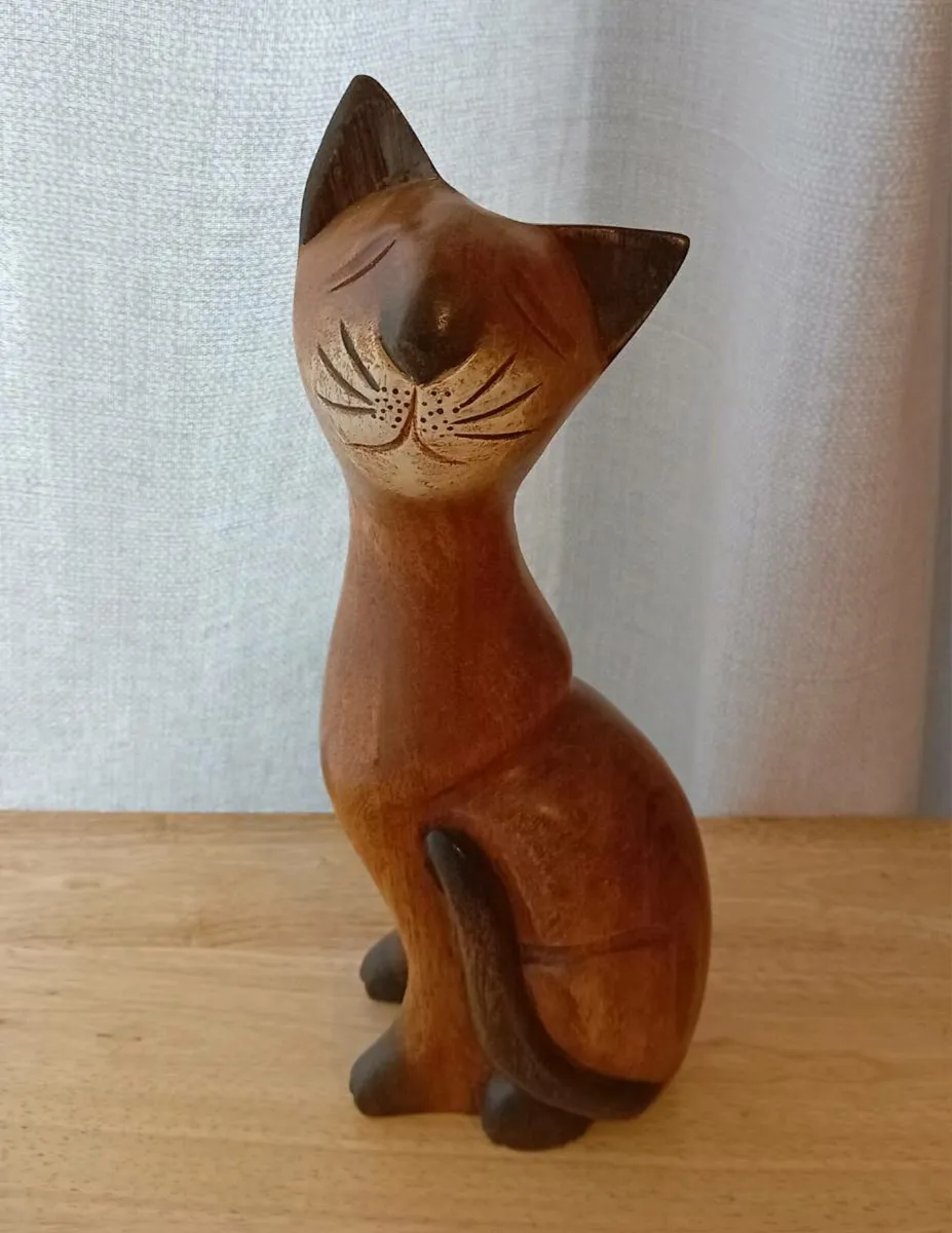 Wooden Hand Carved Cat Sculpture - Image 1