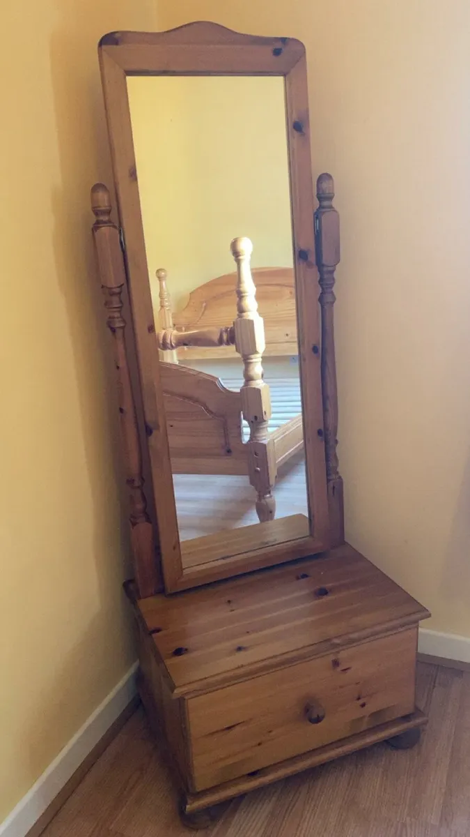 Solid pine free standing mirror with drawer