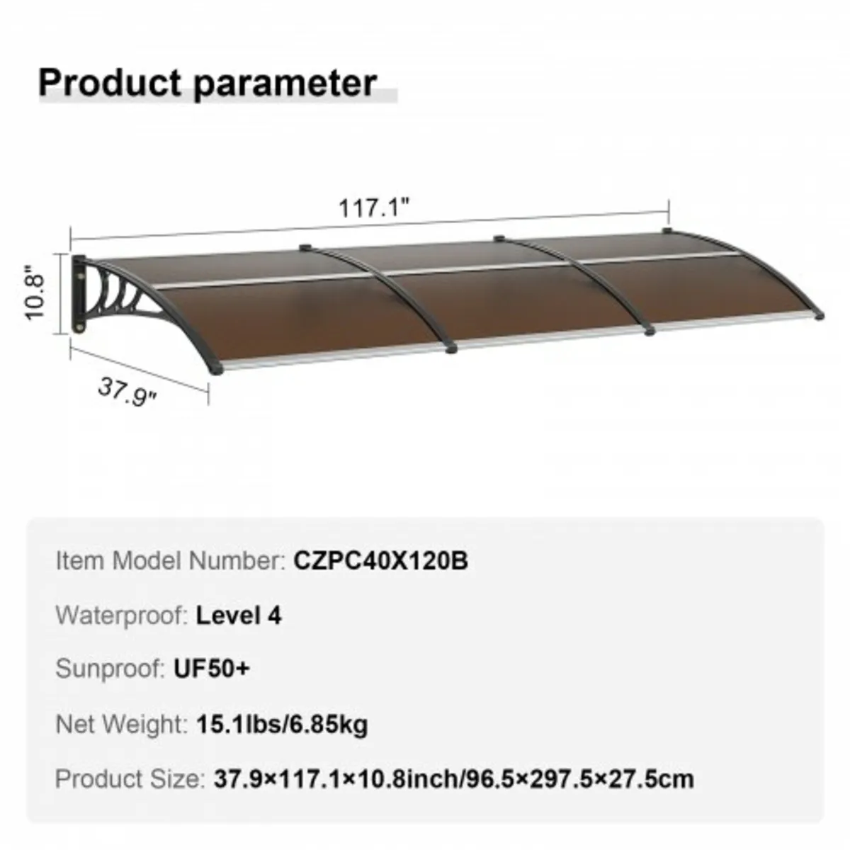 Window Door Awning Canopy 40" x 120", UPF 50+ Poly - Image 3