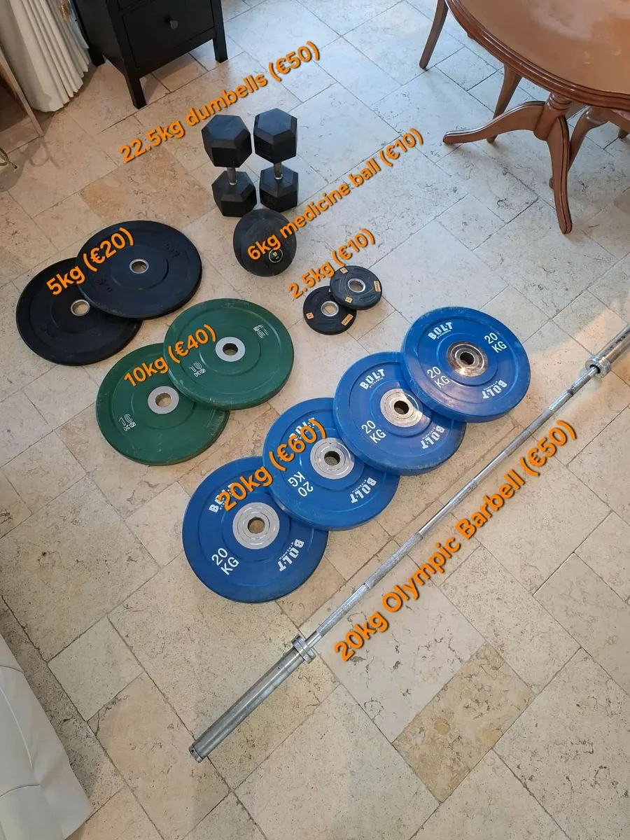 Gym Equipment - Barbell, plates, dumbbells. - Image 1