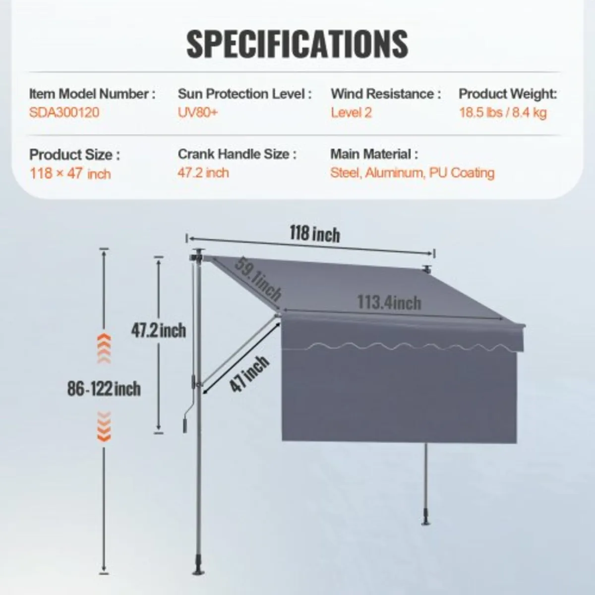 Manual Retractable Awning, 118" Outdoor Retractabl - Image 3